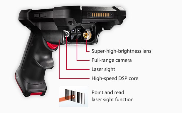 [Super-high-brightness lens] [Full-range camera] [Laser sight] [High-speed DSP core] Point and read laser sight function