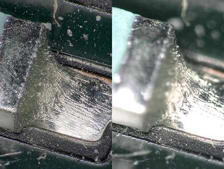 Tilted observation of a solder fillet Left: depth composition, glare removal, ring-reflection removal/right: normal