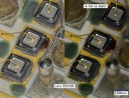 Left: HDR imaging + depth composition/right: normal (50x)