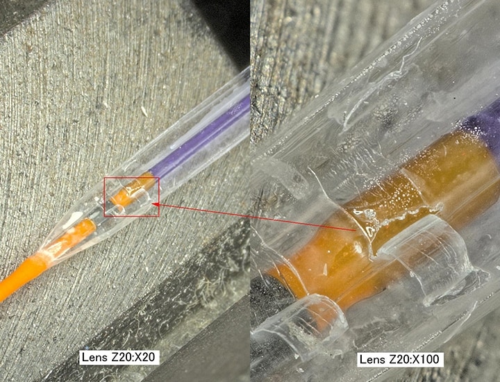 Magnified observation of balloon catheter: 20x (left) and 100x (right)