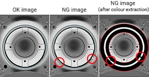 OK image, NG image, NG image (after colour extraction)