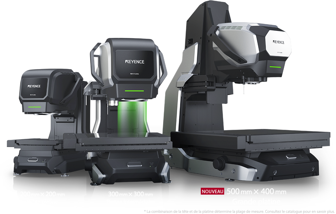 Tête IM à champ large・Tête LM haute précision/ 200 mm × 200 mm Petite platine・300 mm × 300 mm Platine intermédiaire・500 mm × 400 mm Grande platine