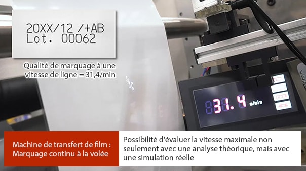 Machine de transfert de film: Marquage continu à la volée. Possibilité d’évaluer la vitesse maximale non seulement avec une analyse théorique, mais avec une simulation réelle.